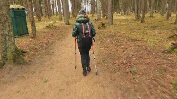  Спортсменка ходить з рюкзаком і пішохідними паличками пішки в лісі
 - Кадри, відео