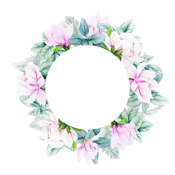 Round banner with watercolor magnolia flowers and leaves - Foto, afbeelding
