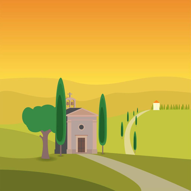 Kościół na polu otoczony drzewami w Toskanii - Wektor, obraz