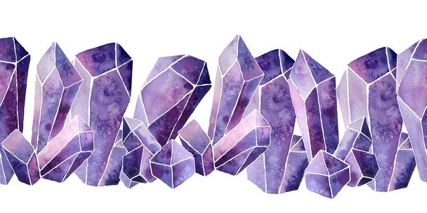 Watercolor hand drawn seamless horizontal border illustration set of violet purple lavender gemstone cystals percious semiprecious minerals with facets. Mystic witchcraft concept for occult symbols - Photo, Image