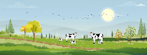 Αγροτική αγρόκτημα lansdscape με πράσινα χωράφια και αχυρώνα ζώα αγελάδες, ανεμόμυλους στο λόφο με μπλε ουρανό και σύννεφα, Διάνυσμα κινούμενα σχέδια Άνοιξη ή Καλοκαίρι τοπίο, Eco χωριό ή βιολογική γεωργία στο Ηνωμένο Βασίλειο - Διάνυσμα, εικόνα