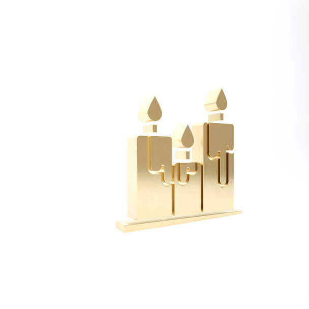 Gold Burning candles icon isolated on white background. Cylindrical candle stick with burning flame. 3d illustration 3D render - Fotografie, Obrázek