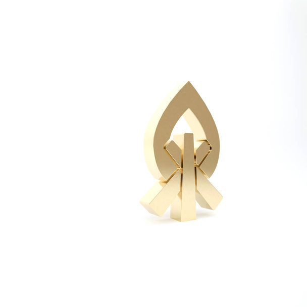 Gold Campfire icon isolated on white background. Burning bonfire with wood. 3d illustration 3D render - Photo, Image