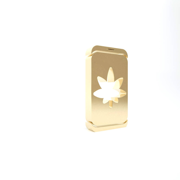 Zlato Mobilní telefon a lékařská marihuana nebo konopný list ikona izolované na bílém pozadí. Online nákupní symbol. Koš v supermarketu. 3D ilustrace 3D vykreslení - Fotografie, Obrázek