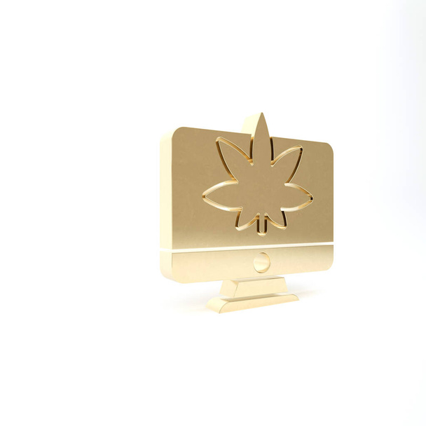 Золотой монитор и медицинский значок марихуаны или листьев конопли на белом фоне. Онлайн покупка. Корзина супермаркета. 3D-рендеринг
 - Фото, изображение