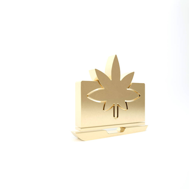 Ordinateur portable en or et icône de marijuana médicale ou de feuille de cannabis isolé sur fond blanc. symbole d'achat en ligne. Panier de supermarché. Illustration 3D rendu 3D
 - Photo, image
