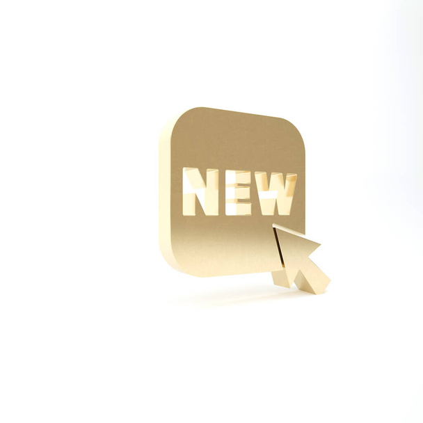 Botón de oro con una inscripción Nuevo icono aislado sobre fondo blanco. Insignia por precio. Descuento de etiqueta promocional. 3D ilustración 3D render
 - Foto, imagen