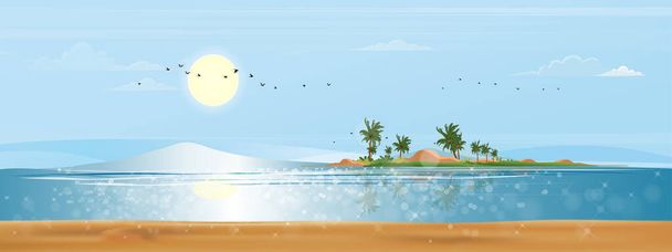 Панорама Вид на тропический морской пейзаж голубого океана и кокосовую пальму на острове, Панорамный морской пляж и песок с голубым небом, Векторная иллюстрация в плоском стиле природа ландшафтного моря для летнего отдыха
 - Вектор,изображение