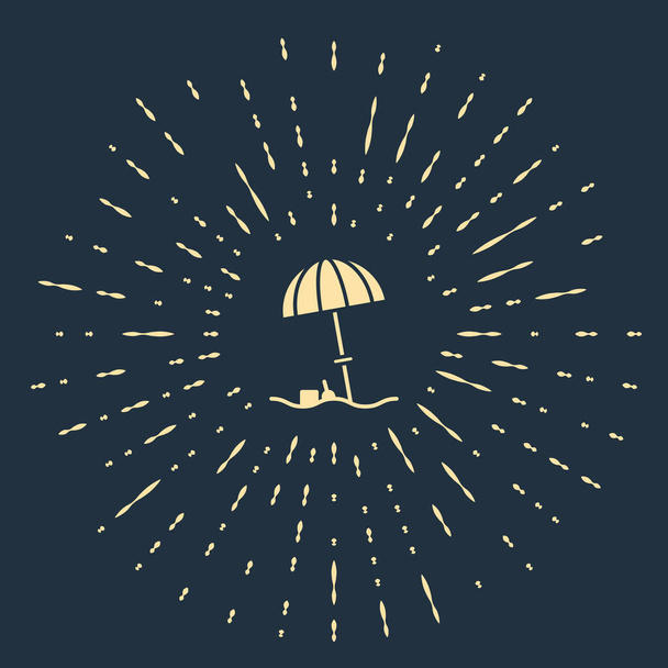 Beżowy parasol ochronny na ikonę plaży odizolowany na niebieskim tle. Duży parasol do przestrzeni zewnętrznej. Parasol plażowy. Abstrakcyjne kółko przypadkowych kropek. Ilustracja wektora - Wektor, obraz