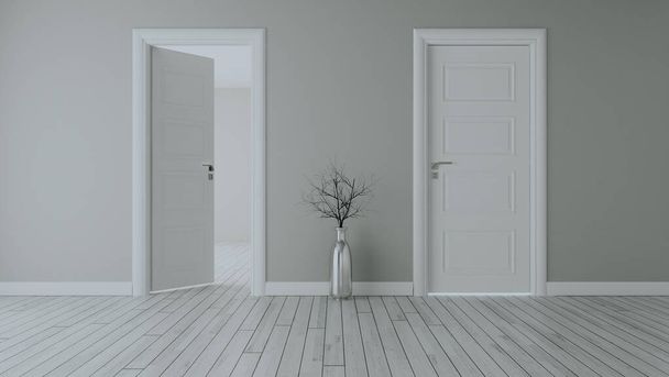 Mur gris avec porte ouverte blanche et porte fermée, plancher en bois blanc, vase chromé et usine sèche rendu 3D réaliste
 - Photo, image