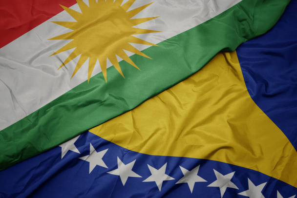 Sie schwenkten die bunte Flagge von Bosnien und Herzegowina und die Nationalflagge Kurdistans. Makro - Foto, Bild