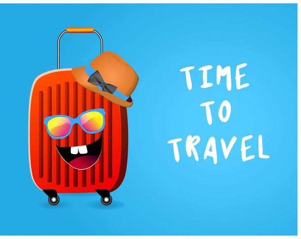 Turizm posteri konsepti 3 boyutlu kırmızı seyahat çantası ve gerçekçi seyahat unsurlarıyla seyahat etmek için ön görünüm zamanı. Vektör illüstrasyonu - Vektör, Görsel