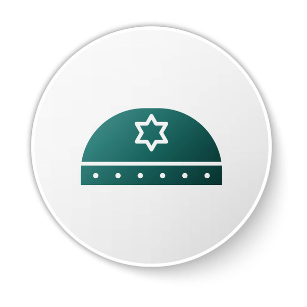 Kippah ebreo verde con stella di icona david isolata su sfondo bianco. Cappello ebreo in yarmulke. Pulsante cerchio bianco. Illustrazione vettoriale
 - Vettoriali, immagini