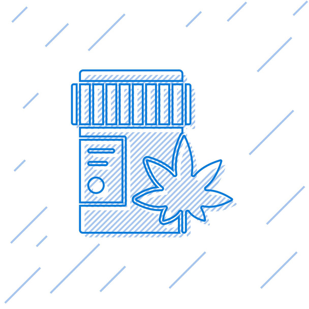 青い線白い背景に隔離されたマリファナや大麻の葉のアイコンを持つ医療用ボトル。瓶の中の大麻油抽出物のモックアップ。ベクターイラスト - ベクター画像