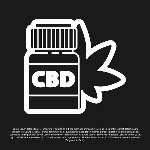 Fekete orvosi palack marihuánával vagy cannabis levél ikon elszigetelt fekete alapon. Kannabiszolaj kivonatok üvegekben. Vektorillusztráció - Vektor, kép