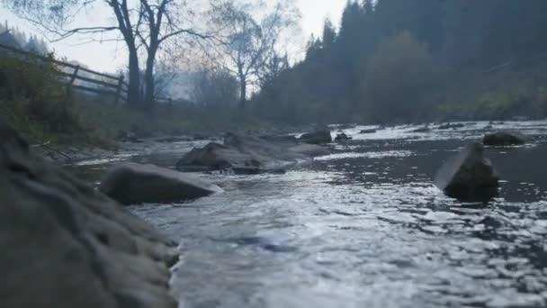 Eau tranquille dans la rivière au lever du soleil matin montagne. Ukraine, Carpates. Rivière Wild Mountain Abondant Clear Stream. Mouvement lent
 - Séquence, vidéo