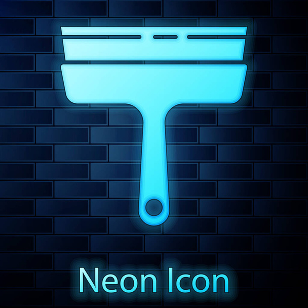 Glowing neon Cleaning service with of rubber cleaner for windows icon isolated on brick wall background. Squeegee, scraper, wiper.  Vector Illustration - Vector, Image