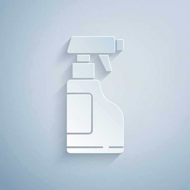 Corte de papel Garrafa de spray de limpeza com ícone de líquido detergente isolado em fundo cinza. Estilo de arte de papel. Ilustração vetorial - Vetor, Imagem