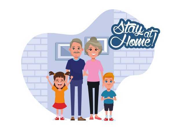 blijf thuis campagne met ouders en kinderen - Vector, afbeelding