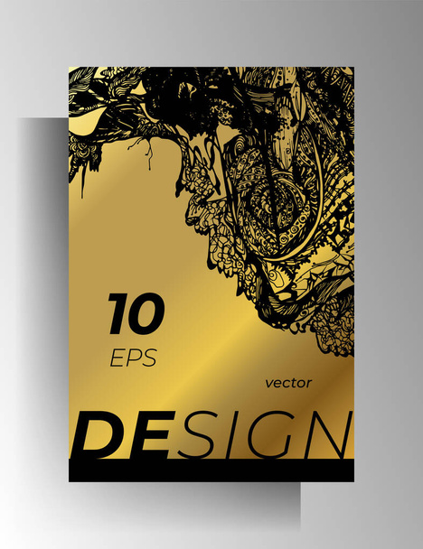 Obálka šablony design pro knihu, časopis, leták, brožura, katalog. Zlaté a černé ručně kreslené texturální prvky. A4 formát. Vektor 10 EPS. - Vektor, obrázek