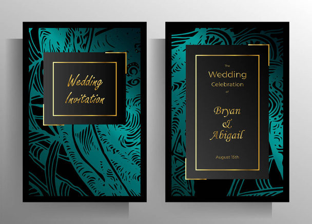 Design wedding invitation template set. Turquoise textural elements on black color are manually drawn. Vector 10 EPS. - Vector, Image