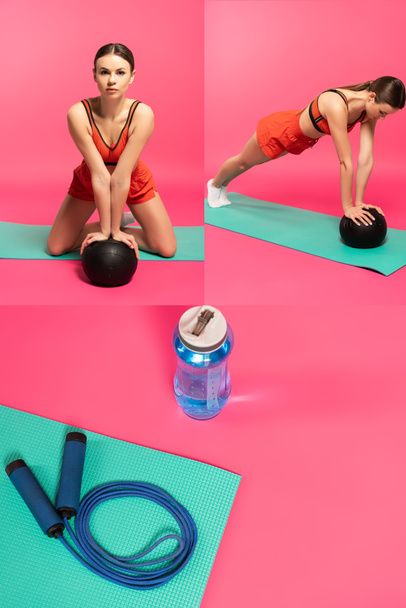 collage of young woman in sportswear exercising with balls near skipping rope and sports bottle on pink  - Photo, Image