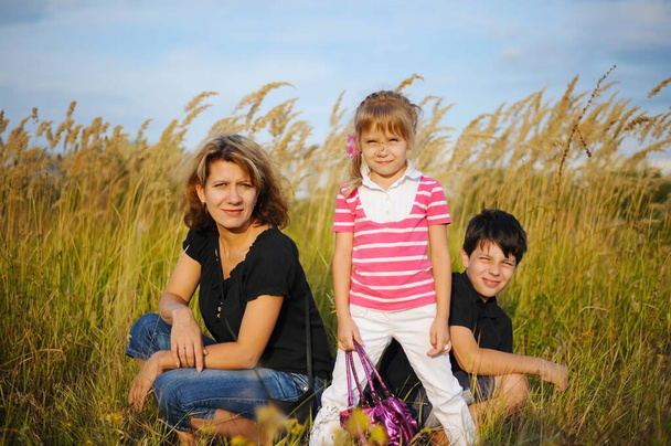 Мама йде на поле, де росте висока трава разом з сином і дочкою. Її дочка має поранене обличчя. - Фото, зображення