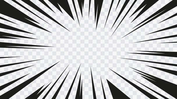 Abstracte stripverhaal flash explosie radiale lijnen op transparante achtergrond. Vector illustratie superheld ontwerp. Heldere zwarte lichtstrip gesprongen. De flitsstraal gloeit. Snelheidslijnen Manga frame. Dieren - Vector, afbeelding