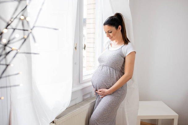 A pregnant woman standing next to the window with hands on her b - Foto, Bild