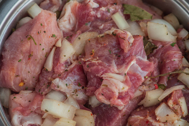 Kebab - Schweinefleischstücke und gehackte Zwiebeln, aus nächster Nähe fotografiert. Schweinefleisch in Stücke geschnitten auf einem Grill mit Zwiebeln. Rohes Schweinefleisch in Gewürzen, eingelegtes Fleisch. Vorbereitung für die Zubereitung von Fleischgerichten - Foto, Bild