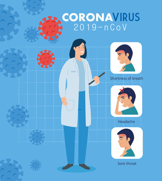 médecin femme avec campagne de symptômes coronavirus 2019 ncov
 - Vecteur, image