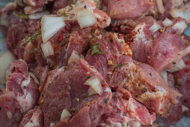 ケバブ-豚肉とみじん切り玉ねぎの作品は、クローズアップ撮影。玉ねぎとバーベキュー上の作品にみじん切り豚肉.スパイスの生豚、漬け肉。肉料理の準備 - 写真・画像