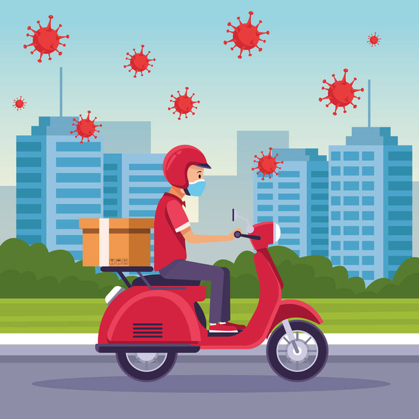 courier in motorcycle delivery service with covid19 particles - Vector, Image