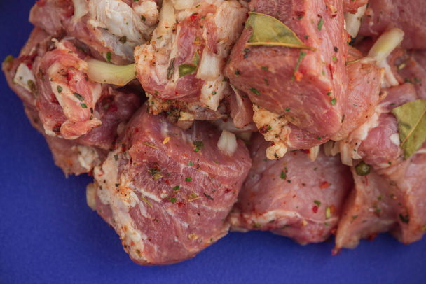 Кебаб - кусочки свинины и нарезанный лук, сфотографированы крупным планом. Свинина нарезана на куски на барбекю с луком. Сырая свинина в специях, маринованное мясо. Подготовка мясных блюд
 - Фото, изображение