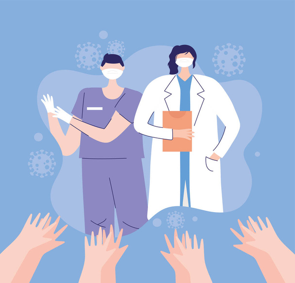 thank you doctors and nurses, female physician and male nurse with masks and raised hands greeting - Vector, Image