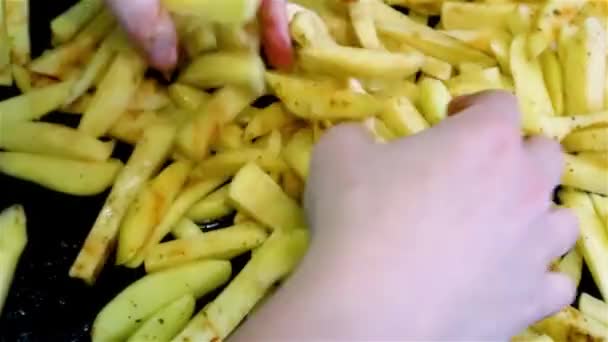 Mixing spices with long cut raw fries potatoes slices by hands close-up video - Metraje, vídeo