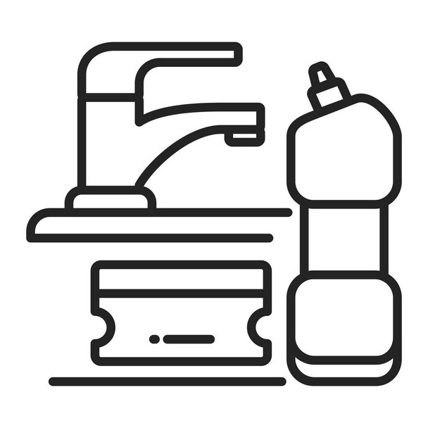 Schwamm und Waschmittel sind schwarze Symbole. Reinigung von Küche und Bad. Umriss-Piktogramm für Webseite, mobile App, Promo. - Vektor, Bild