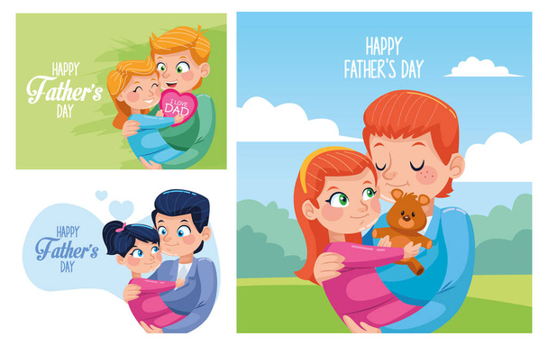 happy fathers day cards with dads carring daughters - Vector, Image