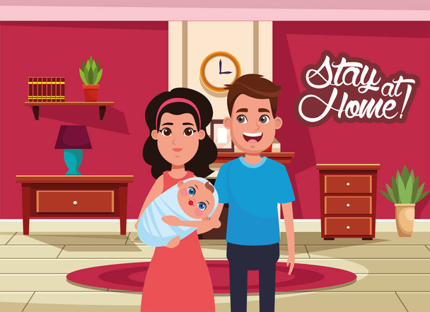 stay at home campaign with parents lifting baby - Vector, Image