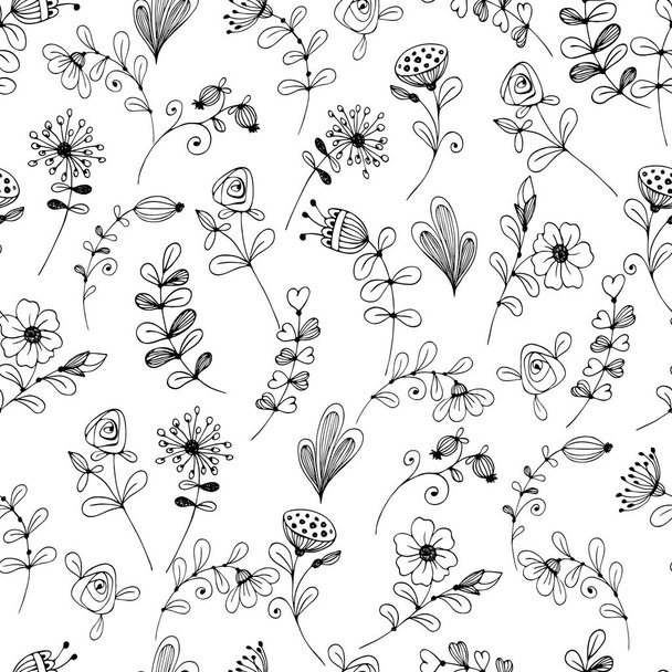 Doodle flower pattern black and white. Vector . - Vetor, Imagem