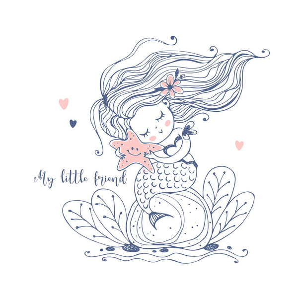 Een schattige kleine zeemeermin zit op een rots en houdt een zeester in haar handen. Vector. - Vector, afbeelding