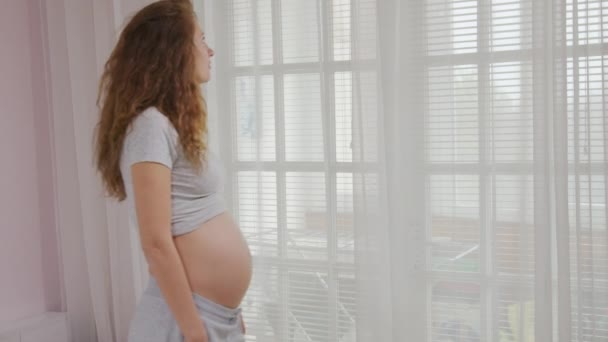 Beautiful Pregnant woman caressing her belly. Woman touching her tummy. Happy Expectant mother at home. - Imágenes, Vídeo