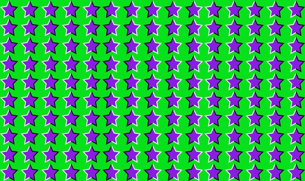 Nahtlose optische Täuschung. Lila Sterne bewegen sich auf grünem Hintergrund. Sterne mit leuchtenden Farben ein bewegter Boden. Abstrakte Fantasie im surrealen Stil. Optische Täuschung, um Sie mit Ihrem Kopf zu verwirren - Vektor, Bild