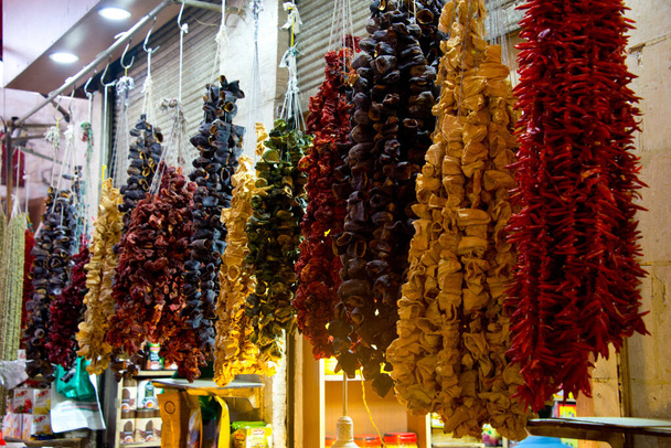 chains of dried fruit at market stall, sanliurfa bazar, turkey - Photo, Image