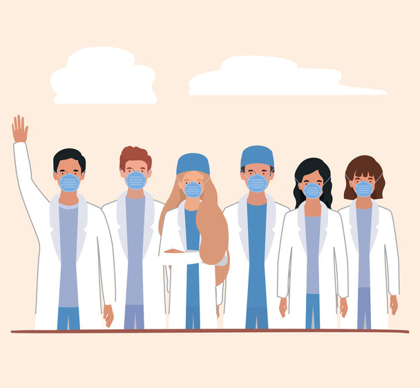 Чоловіки і жінки Лікарі з масками проти вірусу 2019 року Ncov Векторний дизайн
 - Вектор, зображення
