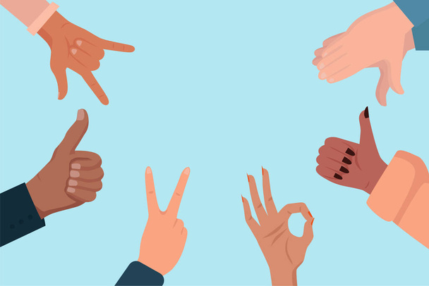 A multikulturális emberek kezének vektora tapsol, felemeli a hüvelykujját, OK-t mutat, győzelem és béke gesztusok kék alapon  - Vektor, kép