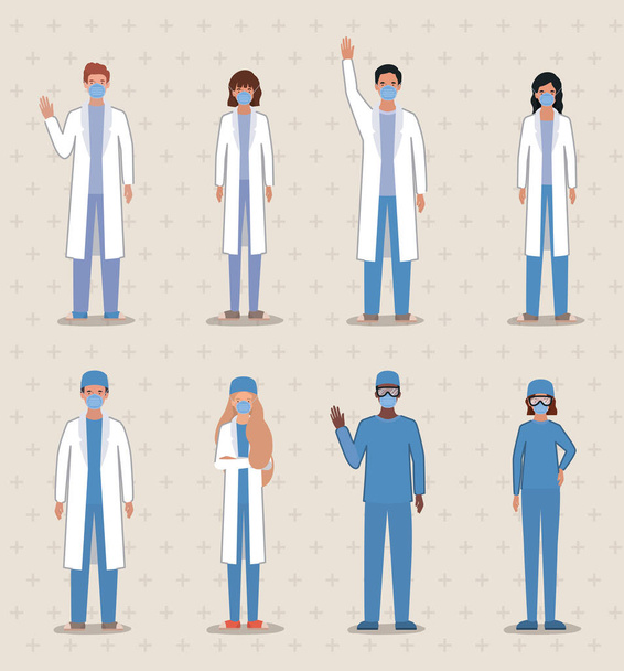 Hombres y mujeres médicos con máscaras contra el diseño de vectores de virus ncov 2019
 - Vector, Imagen