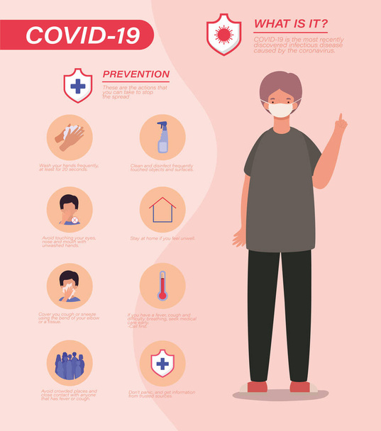 Covid 19 virüs önleme ipuçları ve maskeli vektör tasarımlı insan avatarı - Vektör, Görsel