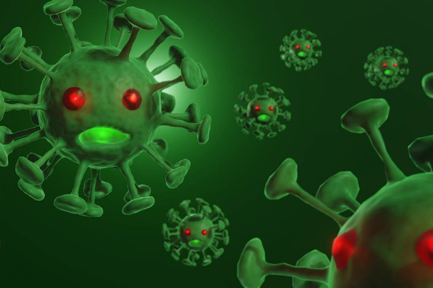 Skupina koronaviru nebo COVID-19 buněk pod mikroskopem. Pandemické zdravotní riziko koncepce s buňkou zelených onemocnění. 3D ilustrace. - Fotografie, Obrázek