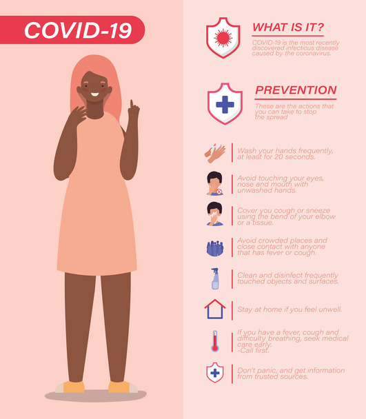 Covid 19ウイルス防止のヒントと女性のアバターベクトルデザイン - ベクター画像